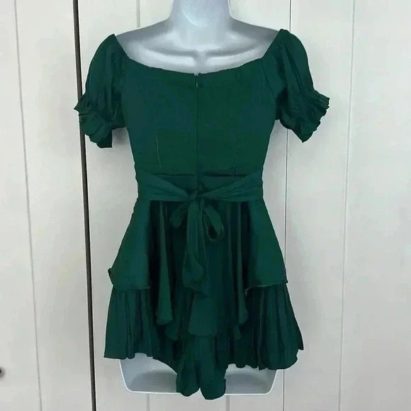 NWT Selfie Leslie. Off the Shoulder Tie Back Romper Forest Green XS - Picture 4 of 8